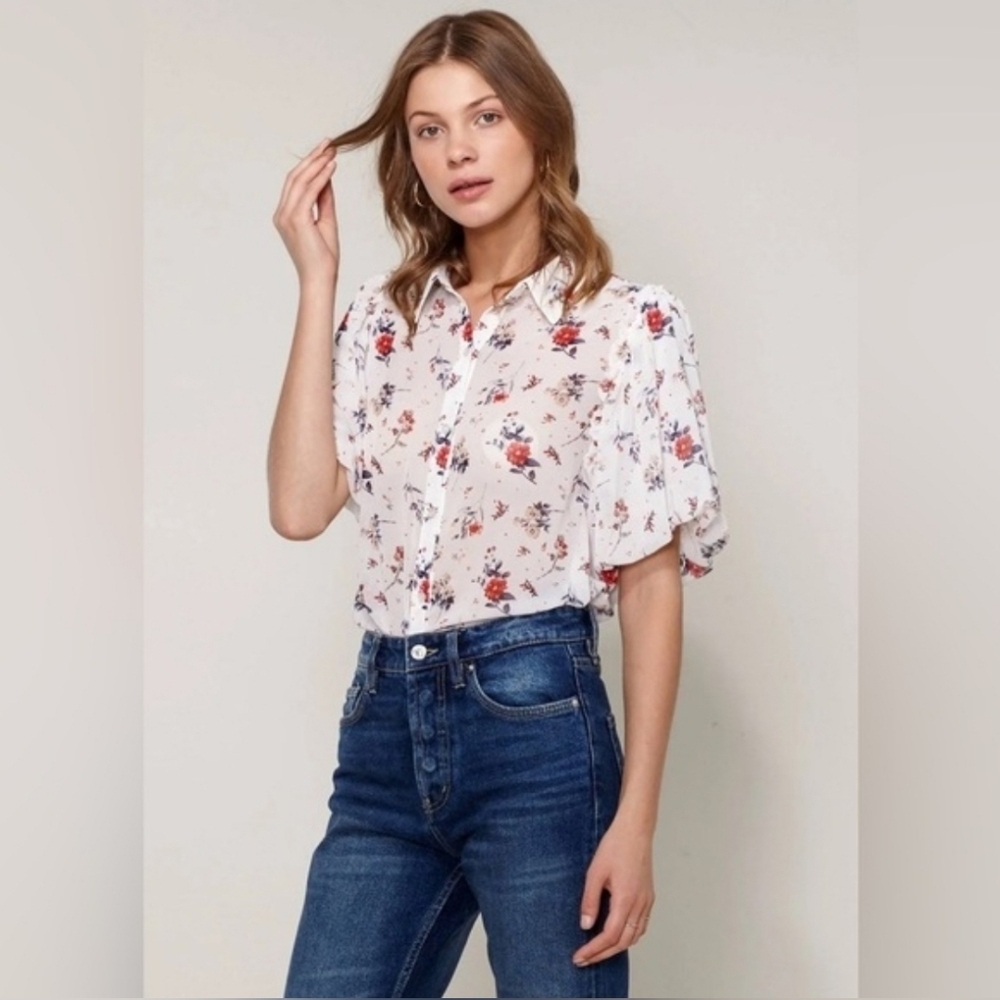 Anthropologie Maeve Dellaroe Floral Blouse Size Large Cottsgecore Ditzy Neutral - Picture 4 of 16